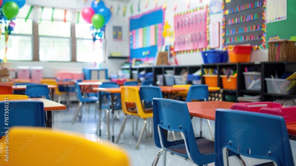 Poster a classroom setting with desks arranged neatly, ready for the first day of school.