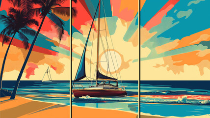 3 panel wall art, Wow pop art beach and sailboat. Pop art poster usable for interior design. Summer concept cover. - obrazy, fototapety, plakaty