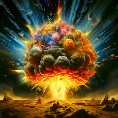 Nuclear explosion with mushroom colorful cloud over desert landscape. Atomic bomb apocalyptic scenario. colourful sand dust powder explosion.  huge explosion in the desert of the planet Mars.