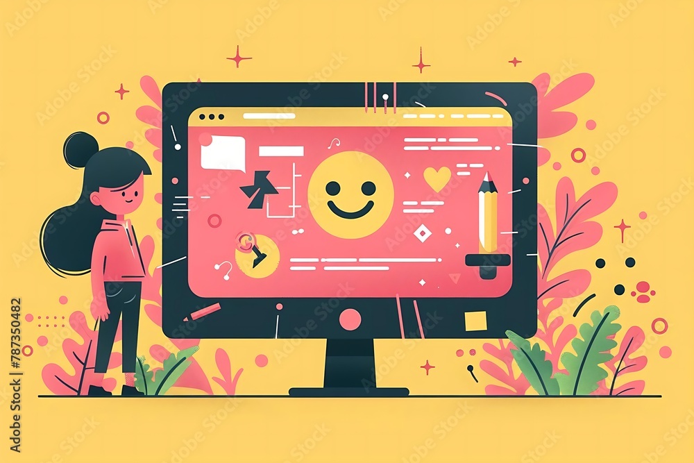 Poster illustration of a person standing next to a giant computer monitor displaying various productivity
