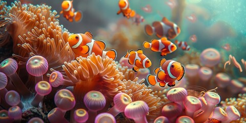 Vibrant underwater image of a coral reef bustling with life, featuring the iconic clownfish - obrazy, fototapety, plakaty