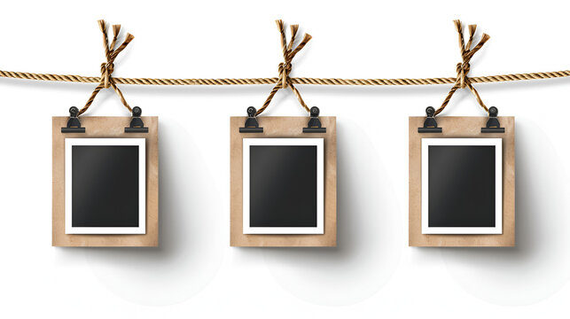 Retro photo frames hanging on rope isolated on a white background, generative Ai