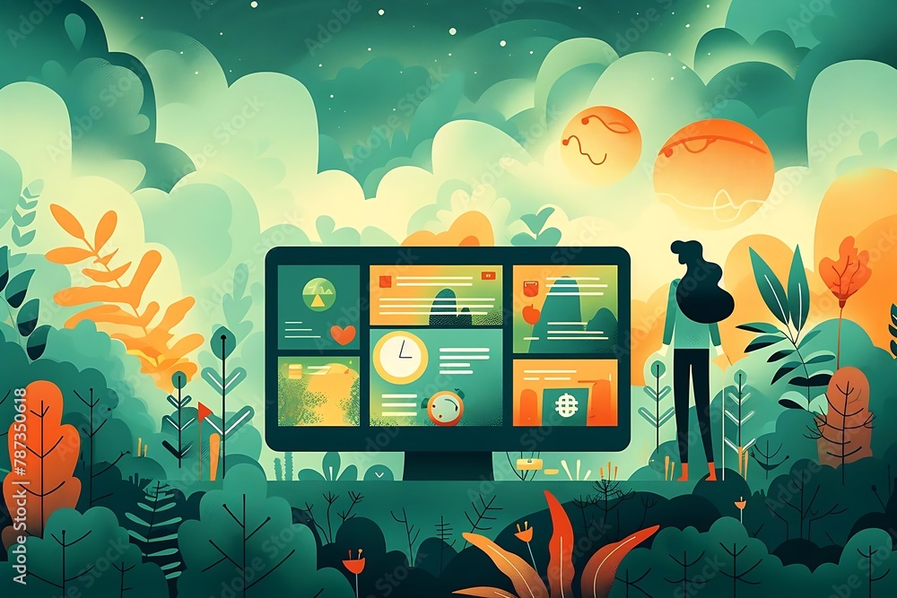 Poster illustration of a person standing next to a giant computer monitor displaying various productivity
