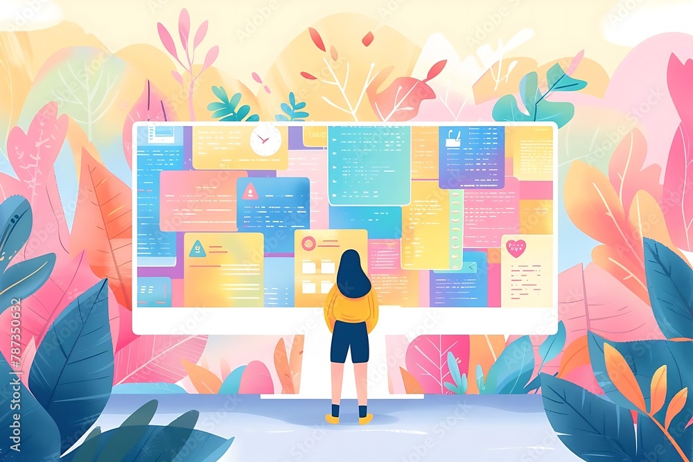 Poster illustration of a person standing next to a giant computer monitor displaying various productivity