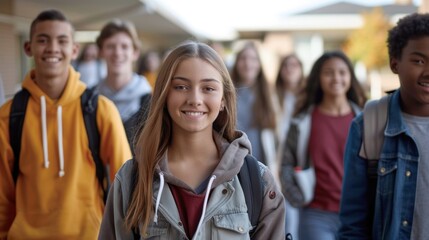 Fototapeta premium A group of diverse students of different ages and backgrounds walking to school together.