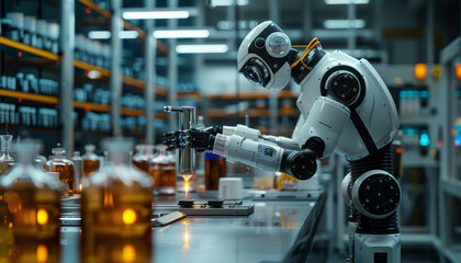 Fototapeta na wymiar A robot is working in a lab with a bottle of alcohol in front of it by AI generated image