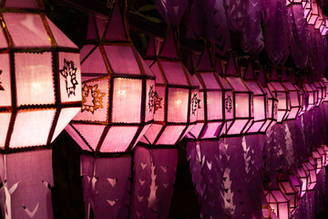 Beautiful illuminated pink lanterns during Loy Krathong festival, Thailand.