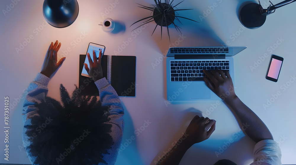 Aufkleber top view of a young woman and a young man who works with a laptops phone and tablet on the table dig