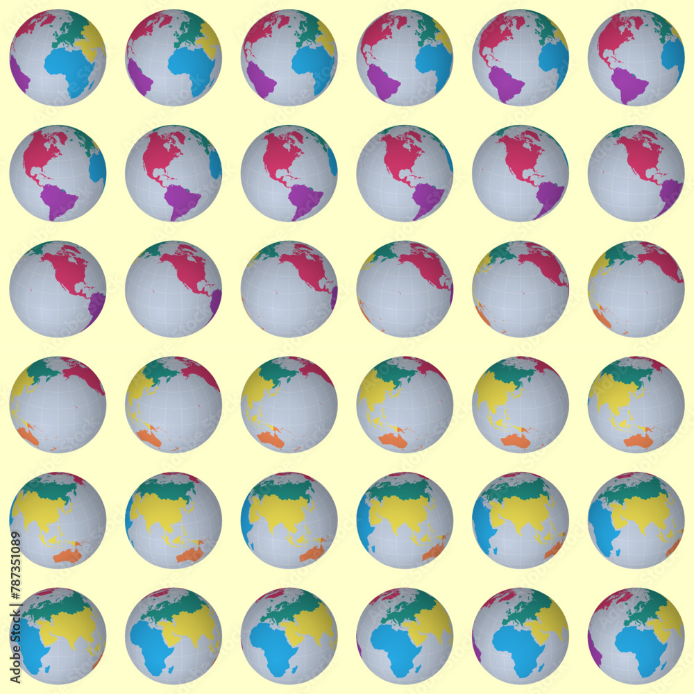 Poster collection of planet globes. slanted sphere view. rotation step 10 degrees. colored continents style