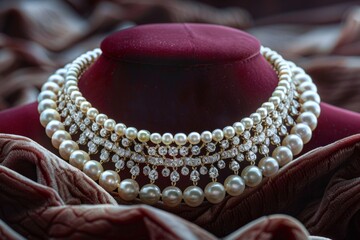 Multi-layer pearl necklace on velvet stand