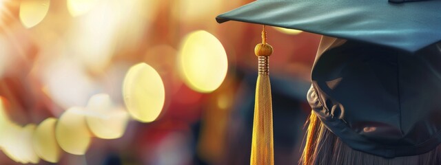 Close up of college students wearing black cap and gown, yellow tassel at the front on blur background for graduation day concept in school university Generative AI