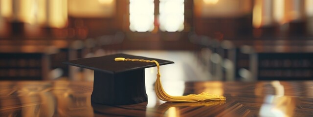 Black graduation cap with yellow tassel on blurred background of a college or university hall in a closeup view for an educational concept Generative AI