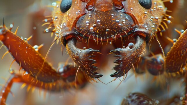 In this high definition image of an ants mouthparts the overlapping mandibles are clearly visible with tiny droplets of saliva glistening
