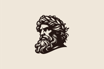 Zeus Face Logo Ancient God from Greek Mythology Man Beard Laurel Headband Illustration Brand Identity.