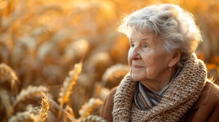 Elderly woman smiling and enjoying the sunset in a beautiful wheat field, expressing happiness
