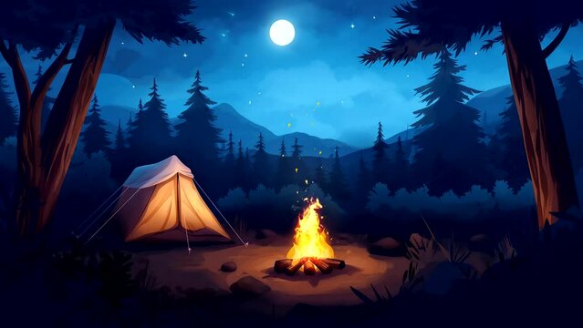 Camping concept with tent and campfire in the forest. seamless looping 4k animation video background