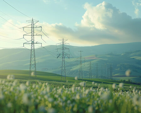 Electricity Pylons, Green Fields, Rural Setting