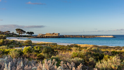 Dreamlike evening atmosphere at the beach and ferry terminal of Penneshaw, Kangaroo Island,...