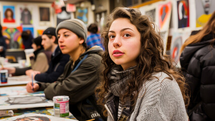 A young woman gazes thoughtfully while surrounded by fellow art students in a vibrant classroom setting.