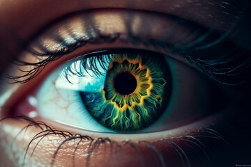 A close up of a person's eye with a green iris