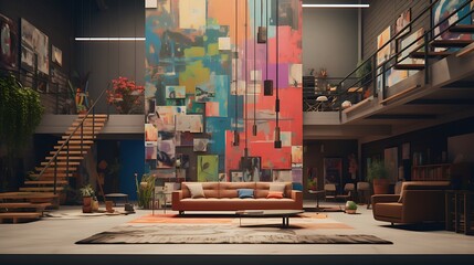 a scene where AI-generated painters use unconventional techniques to decorate a house, turning it into an abstract masterpiece - obrazy, fototapety, plakaty