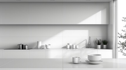 Fototapeta na wymiar Contemporary kitchen with natural light casting shadows over a minimalist white interior