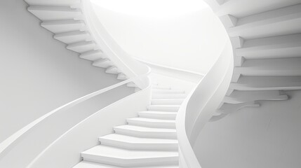 A high-contrast black and white image of a spiral staircase ascending into a void of pure white.3D rendering.