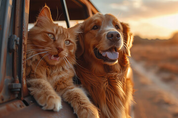  A happy golden retriever dog and an orange cat hanging out of a window on top of each other, smiling with their mouths open in front of a camera. Created with Ai