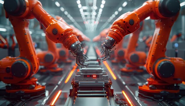 A robot assembly line with a red robot on the left and a red robot on the right by AI generated image