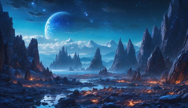 An alien landscape is filled with various rocks scattered throughout, creating a sense of depth and dimension. The mountains in the background emphasizing the vastness and beauty of the scene.