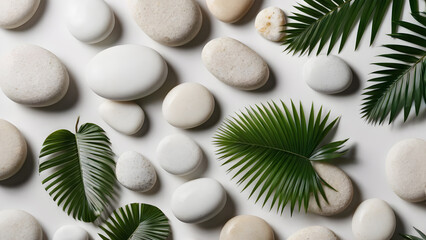 White pebbles and palm leaves on white background, top view