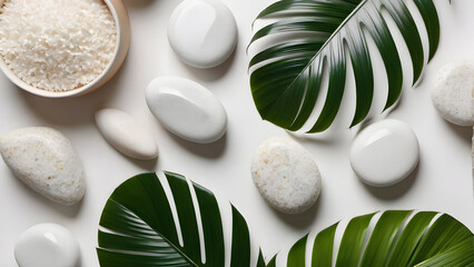 White zen stones and tropical leaves on white background, flat lay