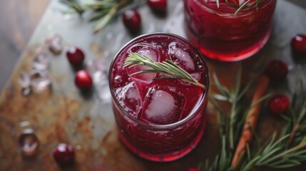 Two Glasses of Cranberry Punch With Rosemary Garnish