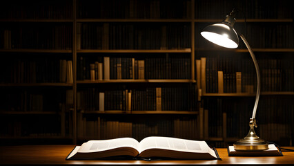 Modern study design, with desk lamps and open books placed on the desk for learning in the library