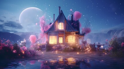 an image of a house in a digital dreamscape, with AI artists adding dreamy and ethereal elements to...
