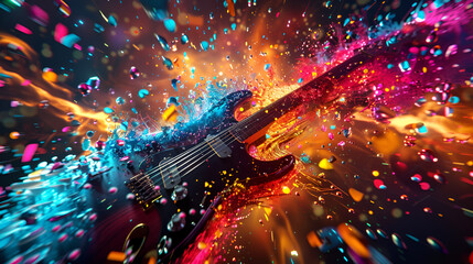 rock music instruments exploding with colorful splash, generative Ai - obrazy, fototapety, plakaty