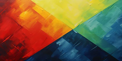 Deurstickers カラフルな抽象油絵横長背景バナー）暗い赤・黄色・青・緑の三角を使ったデザイン © Queso