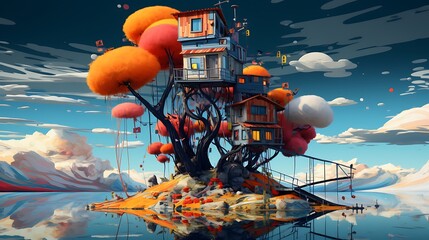 an image of a house that defies gravity as AI painters an otherworldly, floating structure with...