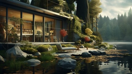 an image of a house that blends seamlessly with its natural surroundings, with AI painters...