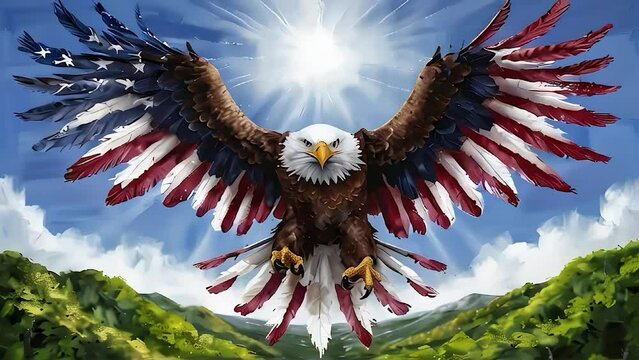 3d Animation of American bald eagle in flight with american flag feathers against the blue sky and copy space area.
