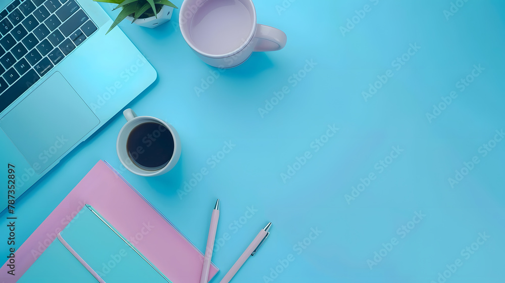 Aufkleber Minimal work space  Creative flat lay photo of workspace desk Top view office desk with laptop notebooks and coffee cup on blue color background Panoramic banner background with copy s : Generative AI