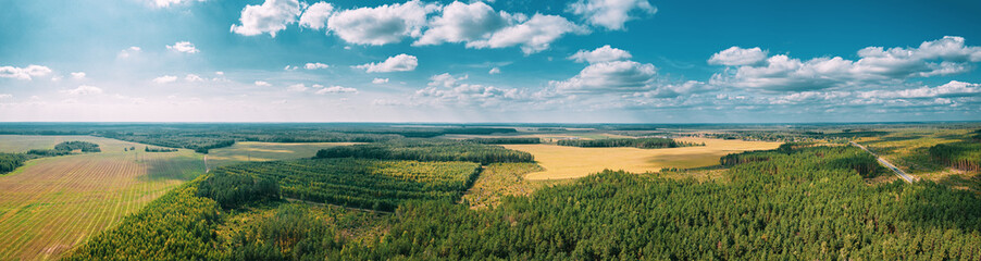 Aerial View Of Agricultural Landscape With Fields And Forest In Spring Season. Beautiful Rural...