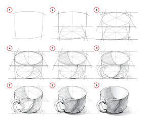 Page shows how to learn to draw from life sketch of a teacup. Pencil drawing lessons. Educational page for artists. Development of artistic abilities. Online education. Hand drawn vector illustration