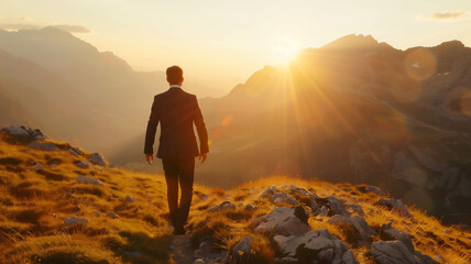 A businessman standing on top of a mountain ,Life goal concept success in life concept.