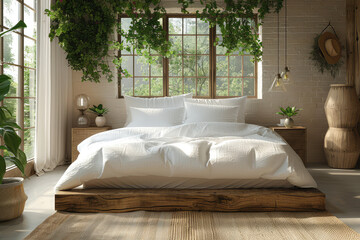 A luxurious white duvet cover set in an industrial style bedroom, surrounded by plants and vintage decor, with large windows that light up the room. Created with Ai