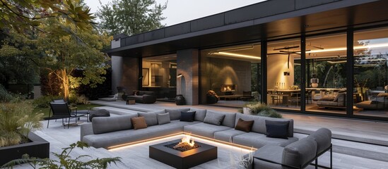 Outdoor terrace with lounge seating and fire pit for al fresco entertaining in the Danish luxury home. 