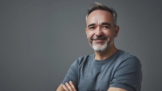 Relaxed attractive smiling middleaged man with rolled up sleeves posing against a grey studio background with copy space : Generative AI