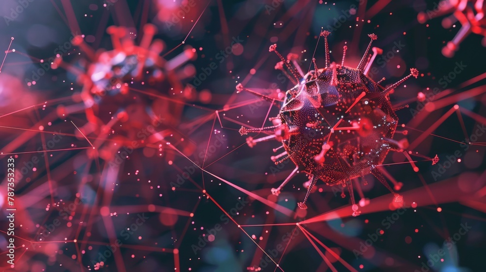 Poster a low-poly wireframe animation of a virus spreading through a network, symbolizing a digital infecti