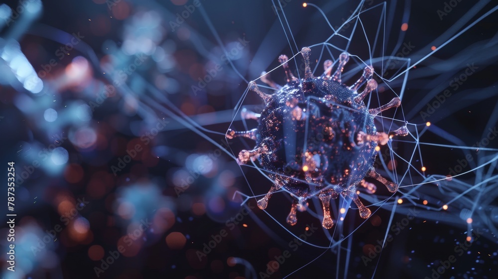 Poster a low-poly wireframe animation of a virus spreading through a network, symbolizing a digital infecti