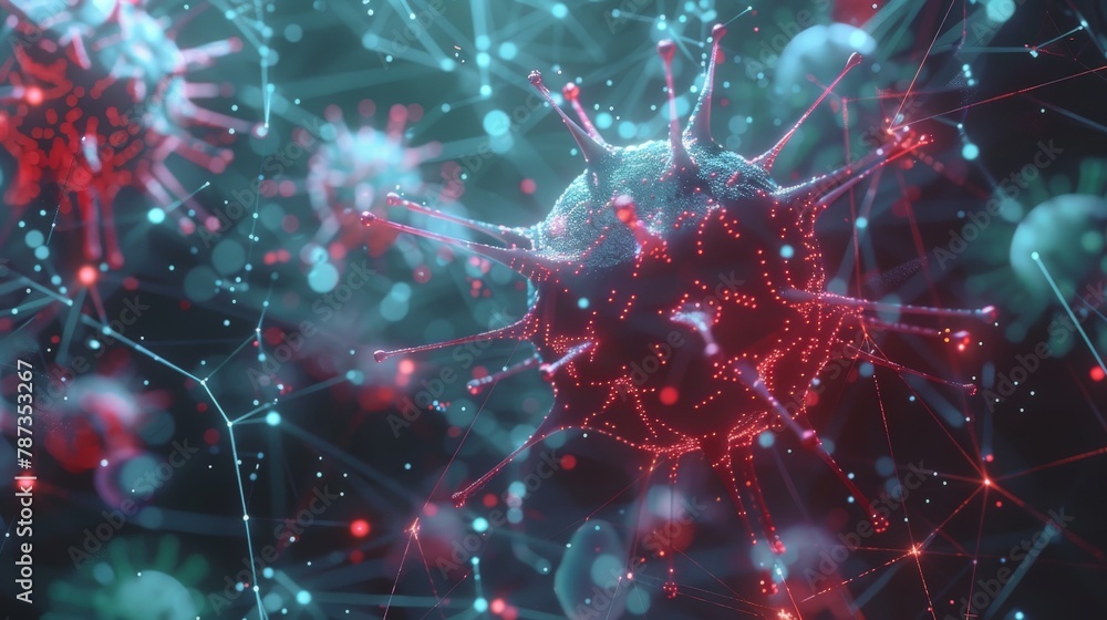 Poster a low-poly wireframe animation of a virus spreading through a network, symbolizing a digital infecti